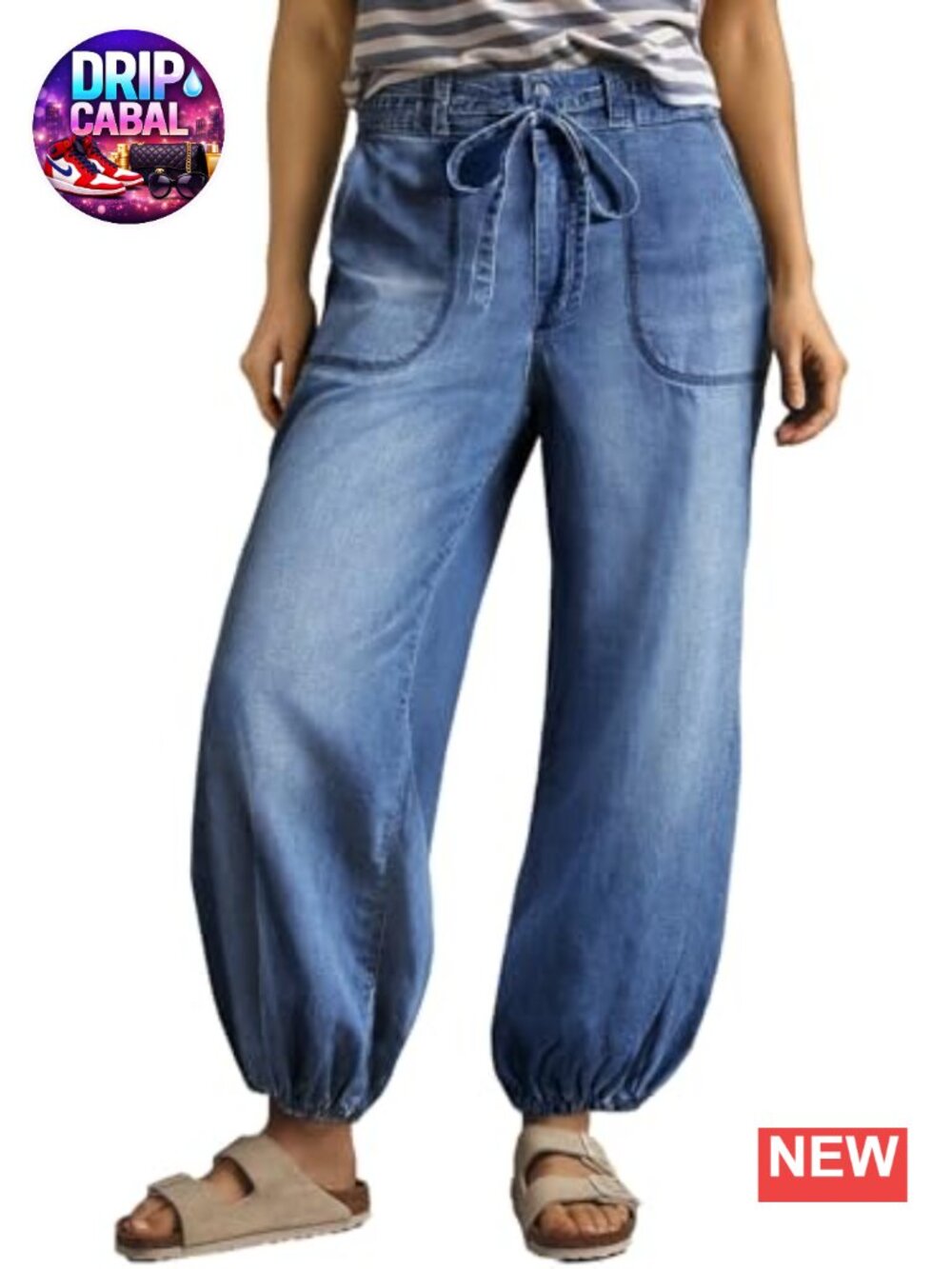 High Waisted Wide Leg Harem Jeans with Drawstring for Women - Baggy Stretchy